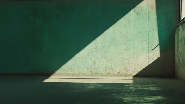 Empty room interior features a textured green mint wall and floor, with strong diagonal sunlight creating a dramatic contrast and abstract shadow pattern