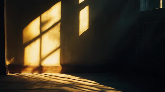 Sunlight beams passing through a window frame onto a textured wall and old wooden floor, creating geometric shadows and high contrast light, symbolizing introspection and hope