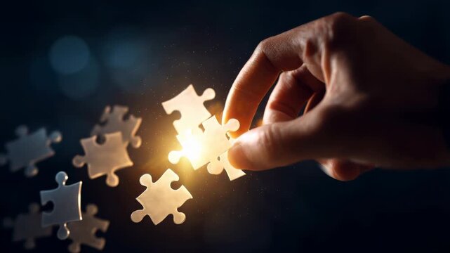 Hand with a puzzle piece for a solution success. This business strategy glowing growth idea connection concept shows a person completing a project with a bright breakthrough.
