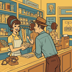 Retro grocery store scene with smiling cashier serving customer