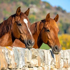 Obraz premium Two brown horses peeking over a stone wall