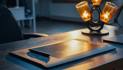Obraz premium Digital drawing tablet and stylus on a desk with a warm light fixture.