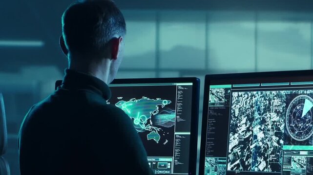 Soldier in a dimly lit military control room, intensely focused on multiple computer screens displaying crucial operational drone data.