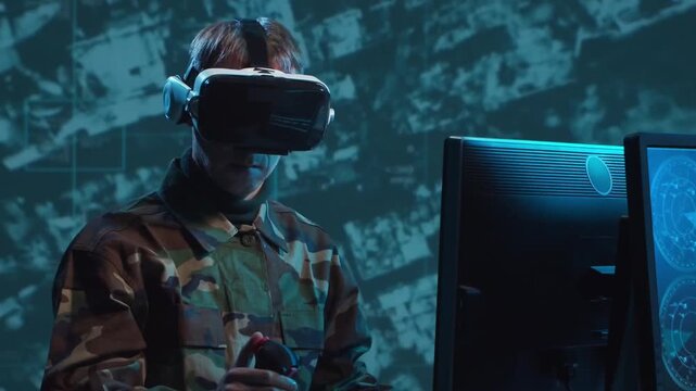 Soldier in a dimly lit military control room, intensely focused on multiple computer screens displaying crucial operational drone data.