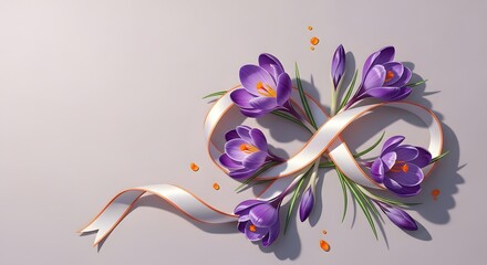Obraz premium Purple crocus flowers with white ribbon on gray background