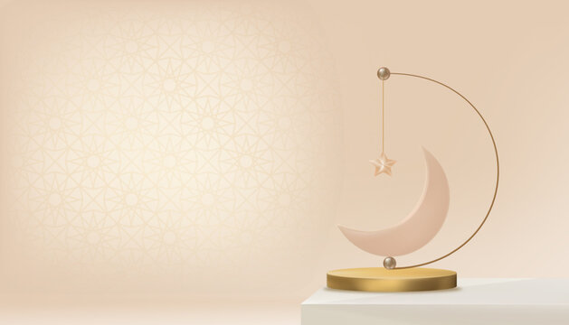 Crescent moon,Star lantern on 3D golden podium with Islamic mandala pattern on wall studio background,Vector symbolizing Islam,Muslim faith,Holy Ramadan Kareem,Eid al-Fitr,Eid al-Adha,Islamic greeting