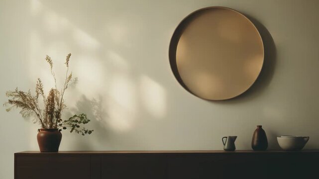 Minimalist interior space showing a wooden console table with a terracotta vase of dried plants, ceramic objects, and a round wall decor piece bathed in warm sunlight and window shadows