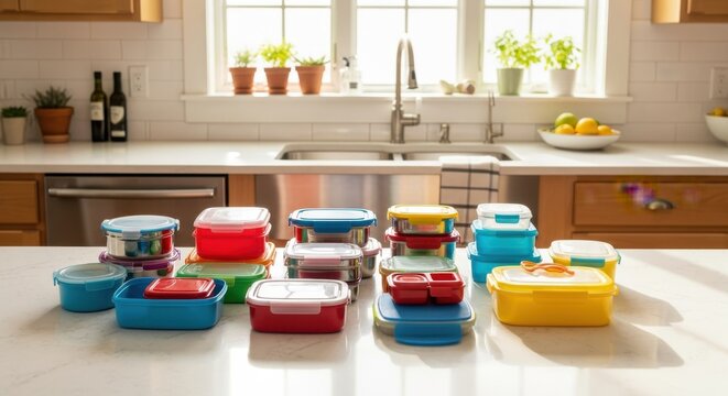 Assortment of colorful food storage containers arranged neatly on a bright kitchen counter