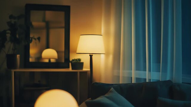 Modern spherical lamp creating a warm, comfortable ambiance in an evening living room, with a dark sofa and blurred background lighting setting a relaxing mood at home