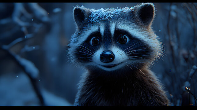 Cute raccoon with snow on its head looking directly at camera