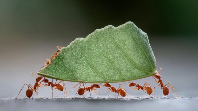 Ants working together to carry large green leaf