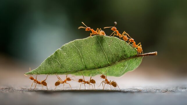 Ants working together to carry large green leaf