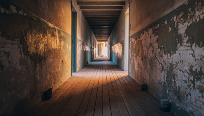 Obraz premium Long, empty corridor with peeling walls and wooden floor, illuminated by distant light.