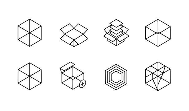 Modern abstract box line icon set with geometric cube symbols
