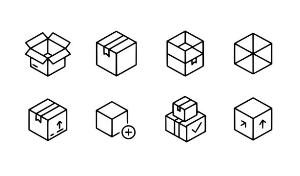 Abstract box and cube line icon set with editable stroke vector