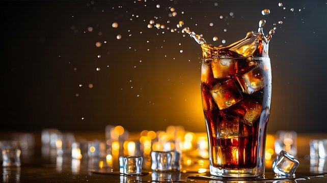 Cola glass with ice splash on bar counter background
