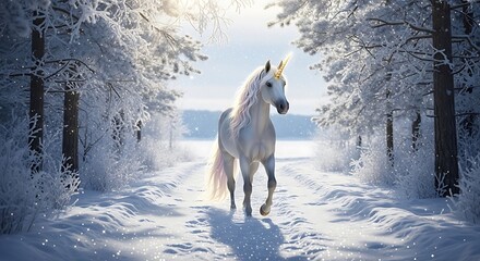 Majestic White Horse in a Snowy Winter Wonderland Forest.