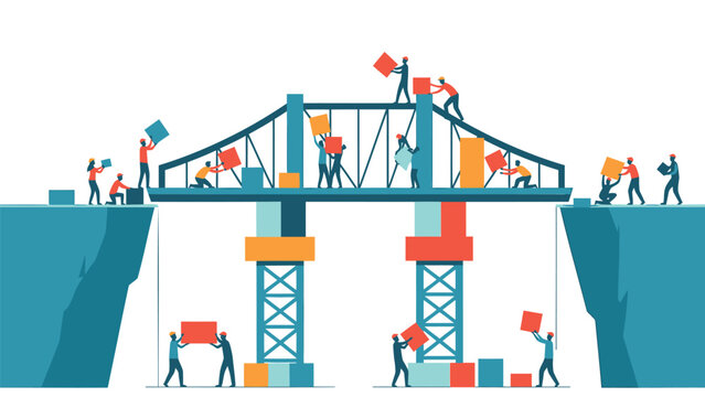 Workers building bridge with blocks connecting two cliffs with teamwork and collaboration