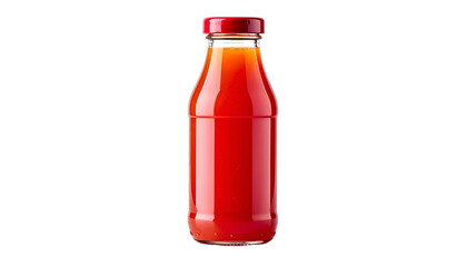 A clear glass bottle filled with a vibrant red liquid, with a red cap, isolated on black