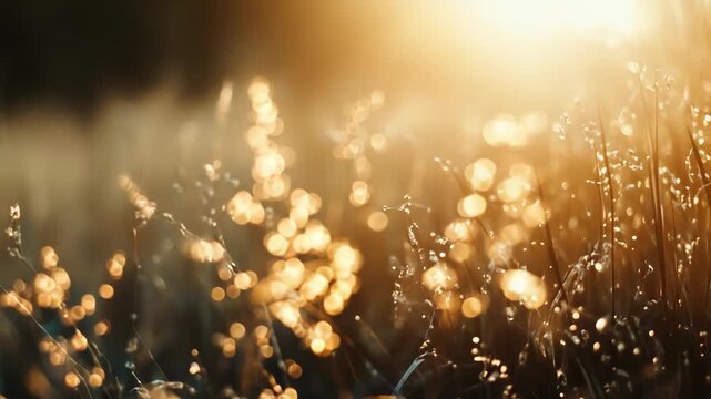 Golden hour sunbeams warm a tranquil meadow, backlighting blades of grass and wild stems with soft bokeh and dreamy, peaceful summer light