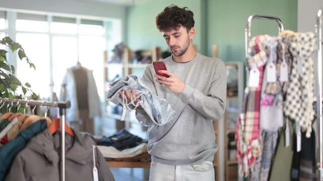 While shopping, guy scans barcode on label of jeans, verifies authenticity of eco-friendliness of clothing production, quality certificate. Responsible consumption 