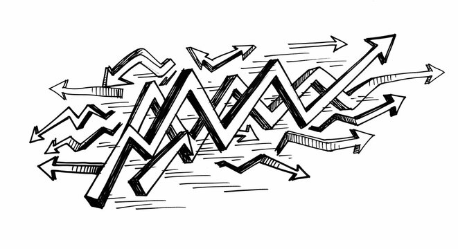 A hand-drawn sketch illustrating multiple zigzag lines and arrows pointing in various directions, symbolizing complex trends and dynamic movement.