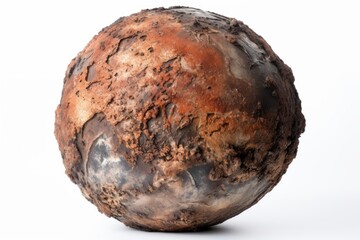 Abstract sphere representing rust, decay and damaged material, isolated on a white background