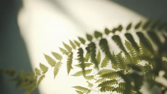 Green fern fronds creating intricate shadow patterns on a light wall, capturing the delicate beauty of nature and the play of light and shadow in a botanical setting