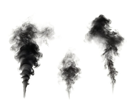 Three gray smoke clouds isolated on a transparent background white