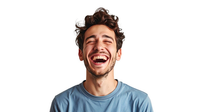 A happy young man with curly brown hair laughs with eyes closed against a black background