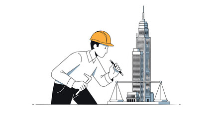 Construction worker building high rise city skyscraper with hard hat and tools