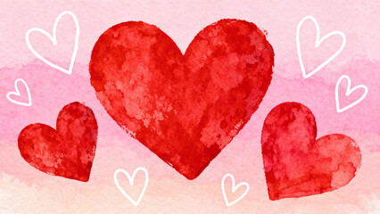 Fototapeta premium Hand painted watercolor heart pattern with white line art doodles on pink background