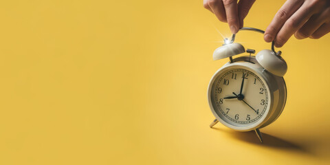 Alarm 2026 2025 new year countdown time change future celebration planning end concept plan with vintage clock on yellow background and human hand adjusting bell