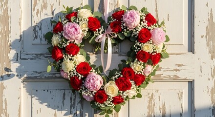 A beautiful heart wreath of red and white roses and peonies decorating a rustic wooden door, symbolizing a heartfelt love concept for celebration.
