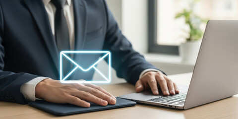 Fototapeta premium Business online touching floating email with notification icon above laptop digital communication connectivity professional worker at desk focused on message management and modern workflow