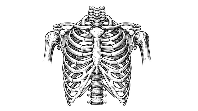 Detailed illustration of human ribcage and shoulder bones from front view in black and white