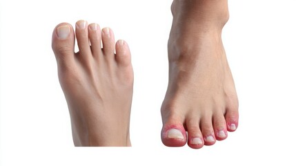 Obraz premium Close-up of bare feet, one foot with visible redness and irritation, the other foot healthy, accompanied by a small bouquet of dried flowers, illustrating foot health and care