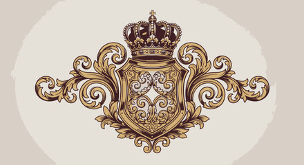 Ornate Gold Crest with Crown and Shield. © Restu