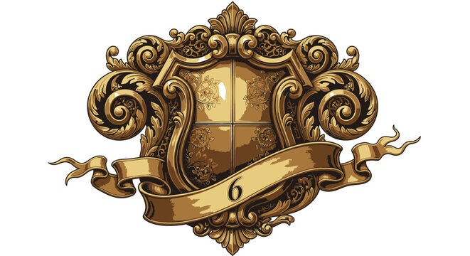 Ornate Gold Crest with Ribbon and Number Six.