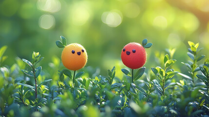 Obraz premium Cute Smiling Plush Toys in Natural Greenery with Sunlight Bokeh Effect