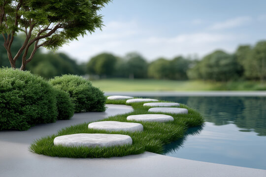 Stone decor path winding through garden, reflecting peace and serenity