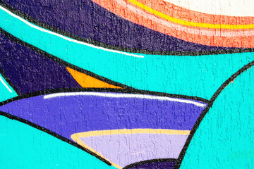 Naklejka premium Abstract geometric street art in turquoise, purple, orange with black outlines. 90s, Y2K style, fluorescent colors, bold shapes. Urban visuals, graffiti texture, creative banner, digital art