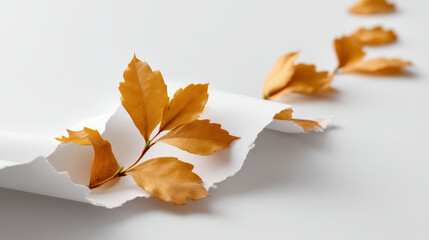 Golden leaf edges peek through torn white paper, exhibiting fragility