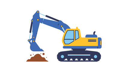 Yellow and blue excavator digging earth with pile of dirt beside it on white background