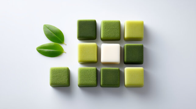 Matcha sugar blocks arranged in grid pattern, so sweet