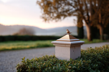 Bird perches contently atop stone pedestal in lush garden setting