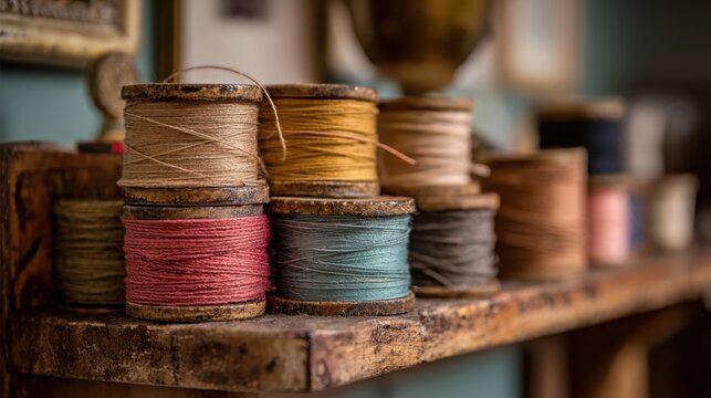 Stacked wooden spools of colorful thread and yarn on a rustic shelf, showcasing vintage craft materials