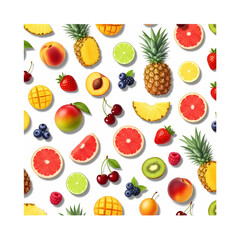 Vibrant Assortment of Fresh Tropical and Berry Fruits Seamless Pattern on White