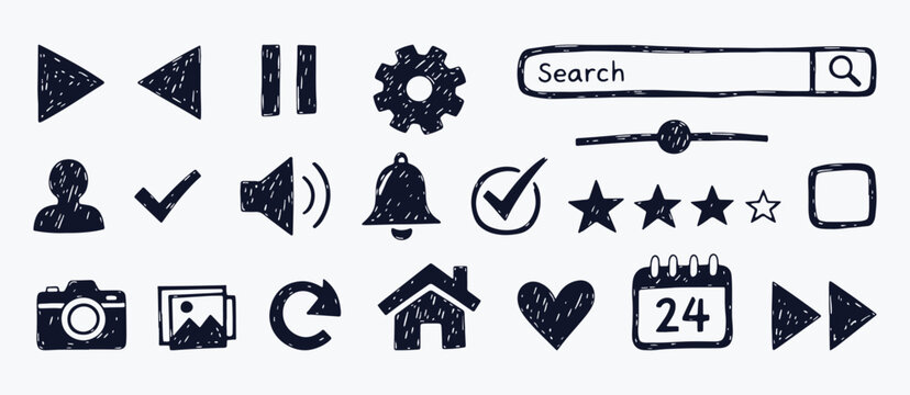 Hand drawn user interface icon set with black doodle buttons and navigation symbols for web design
