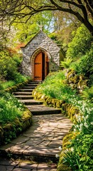 Obraz premium Stone Chapel in Lush Garden Pathway Scenic Landscape Photography